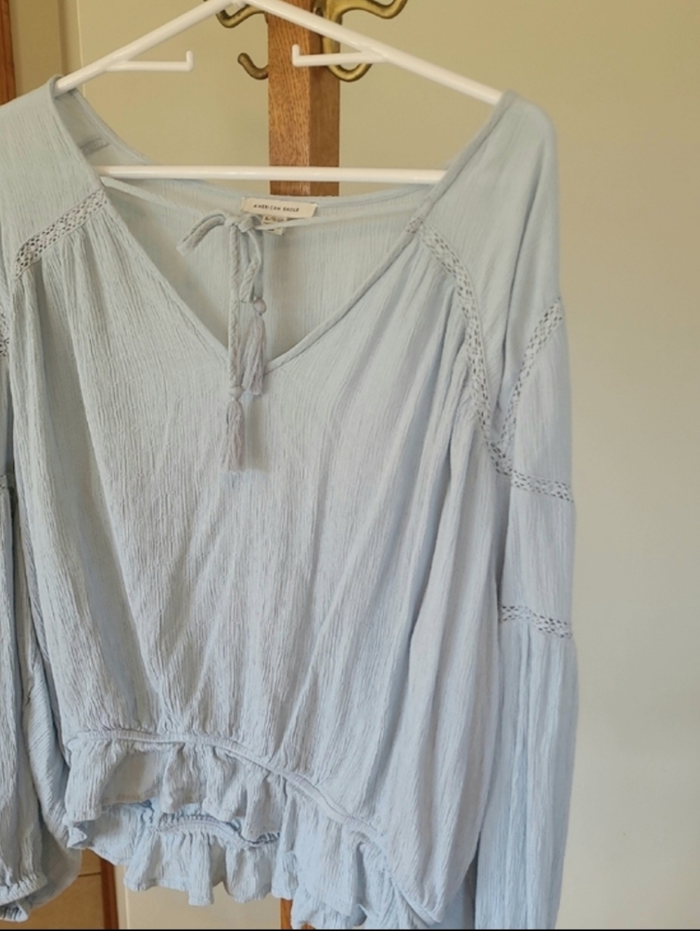 American Eagle XL Light Blue Peasant Boho Blouse with Tassel Tie